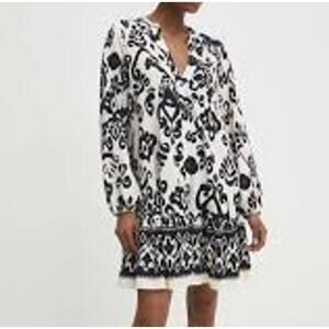 ZARA Long Sleeve Paisley Print Swing Mini Dress White Black Small